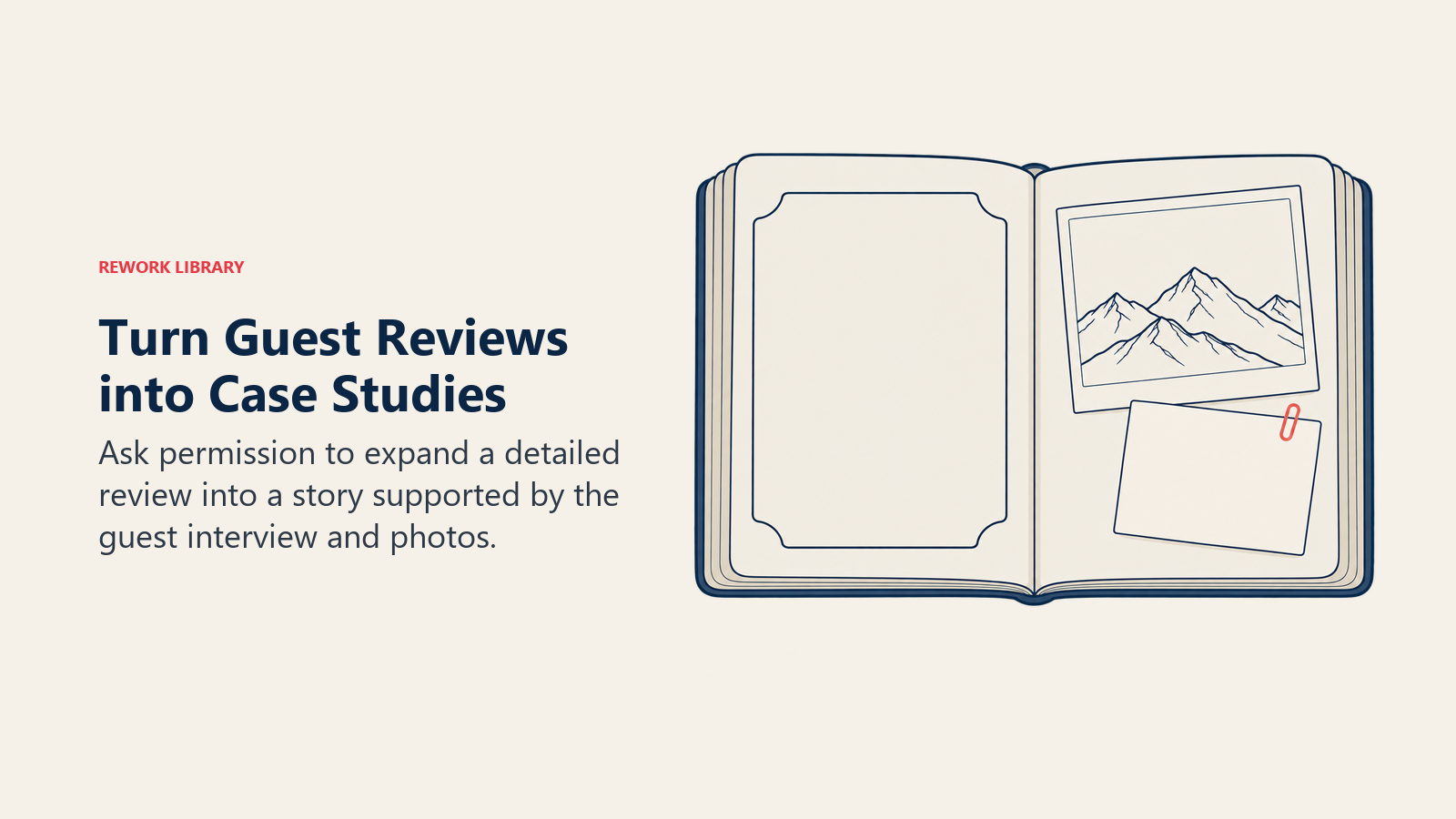 A guest story scrapbook with a permission slip and trip photo shows review-to-case-study repurposing.