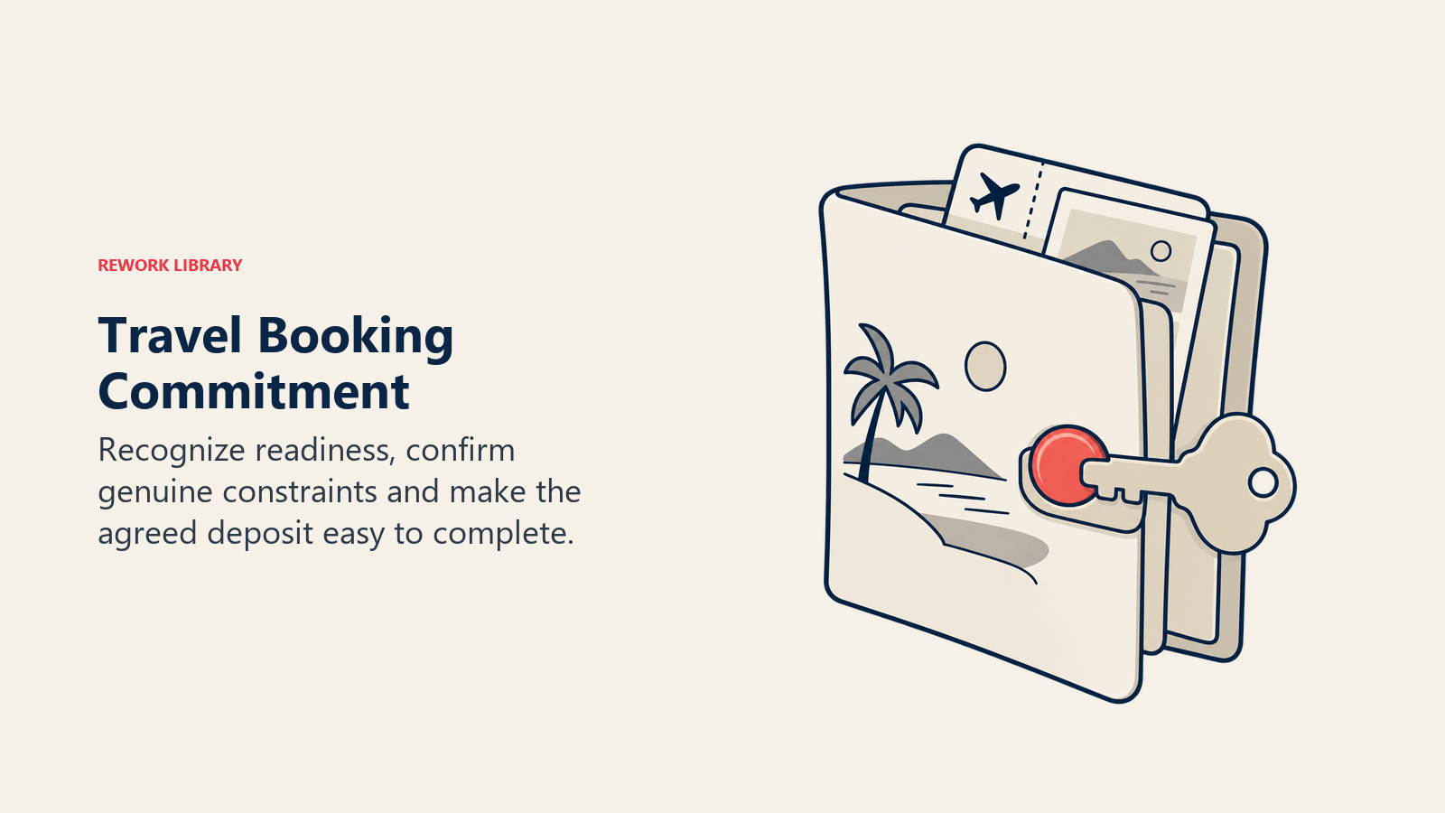 A deposit token securing a travel booking folder to represent confirmed commitment.