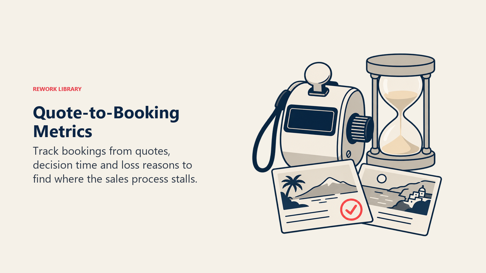 Tally counter, hourglass and accepted quote illustrating booking conversion and decision-time tracking.