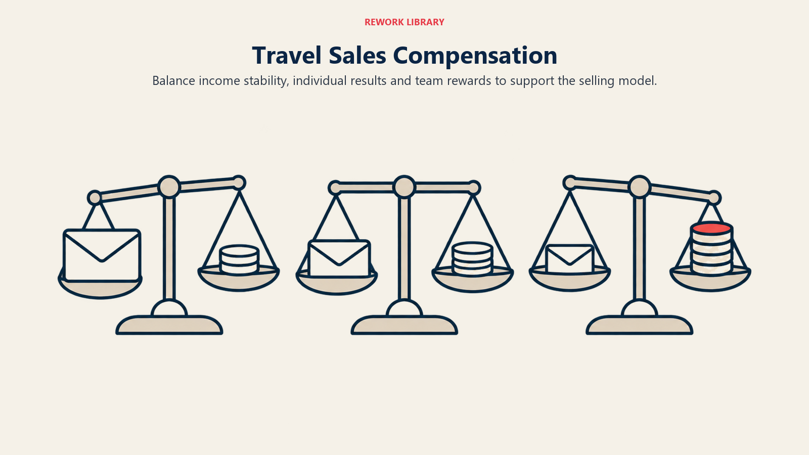 Three pay-mix balances illustrating salary-heavy, balanced and commission-heavy travel sales compensation.