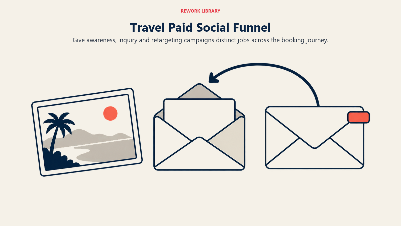 Destination awareness, inquiry and return engagement shown as three campaign stages with a retargeting loop.