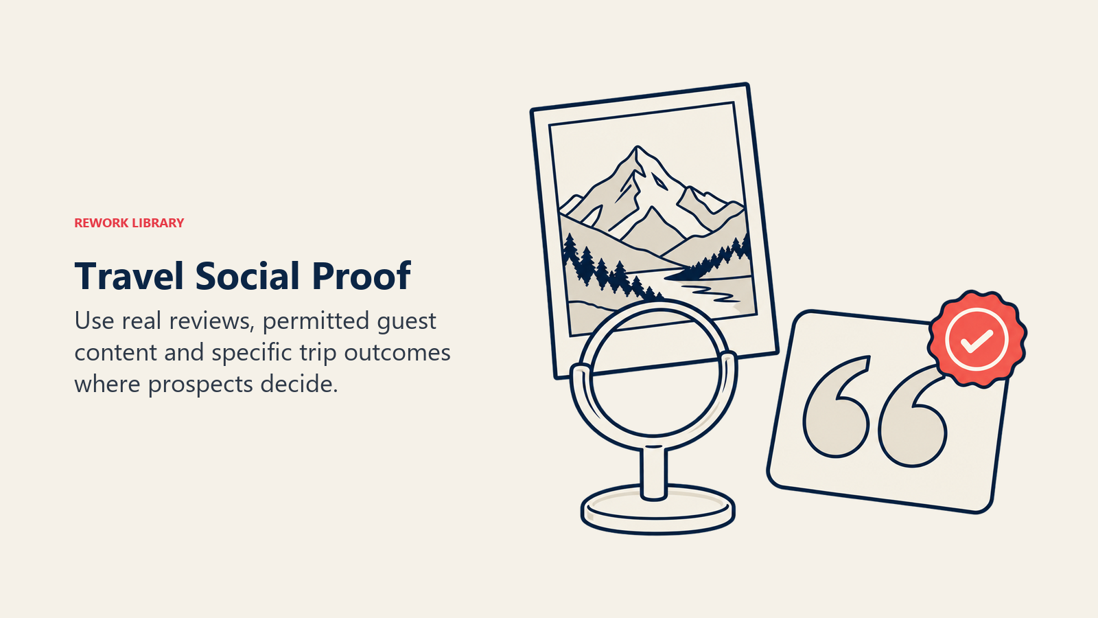 Guest travel photo and review evidence joined by an authenticity seal to illustrate credible social proof.