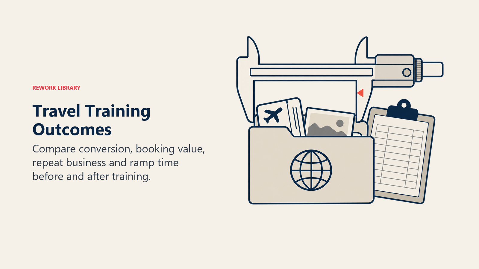Caliper measuring a travel booking folder while an attendance sheet is set aside, emphasizing training outcomes over hours.