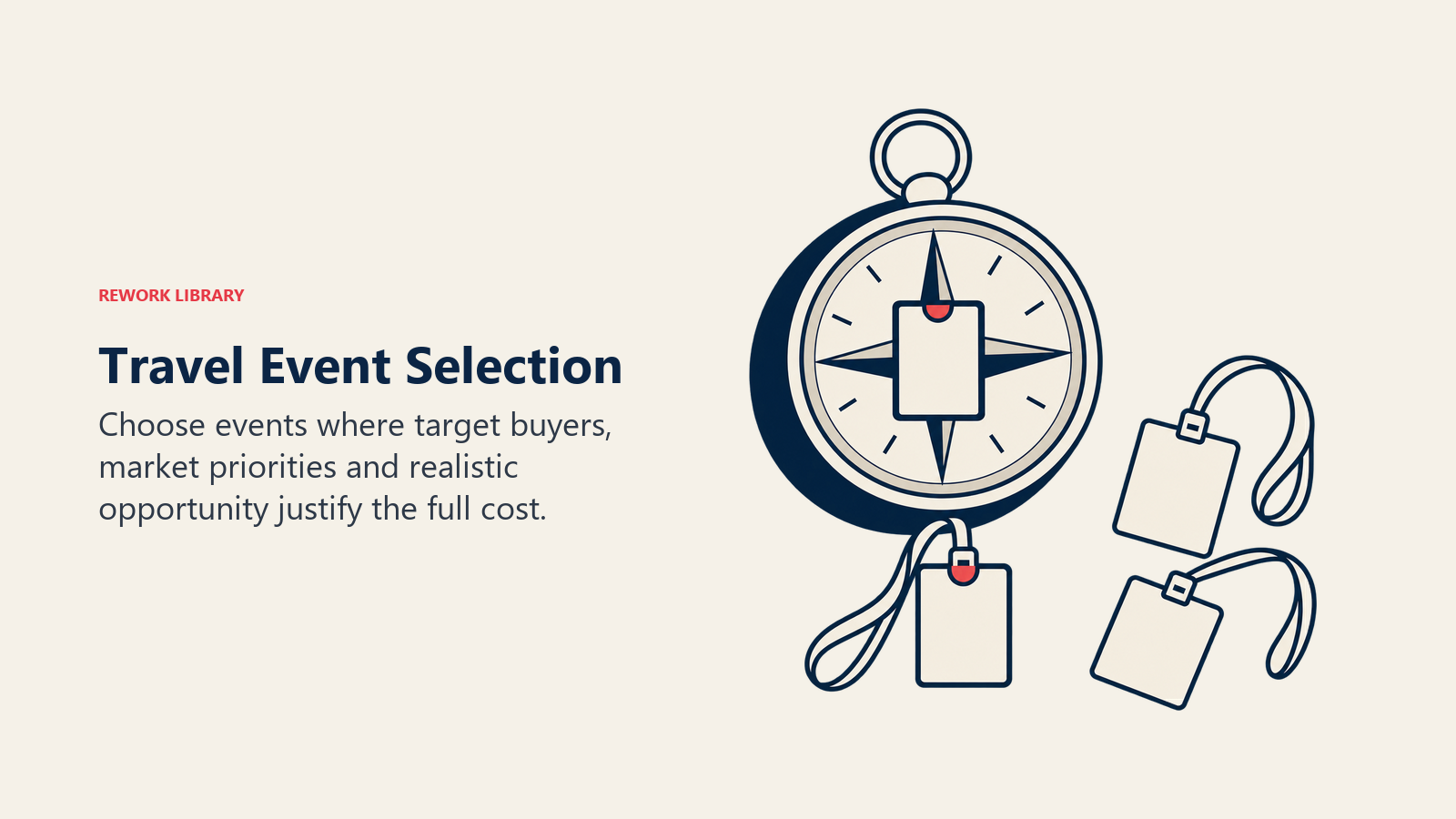 Exhibition badge fitting a market compass to illustrate selecting trade shows for target-buyer alignment.
