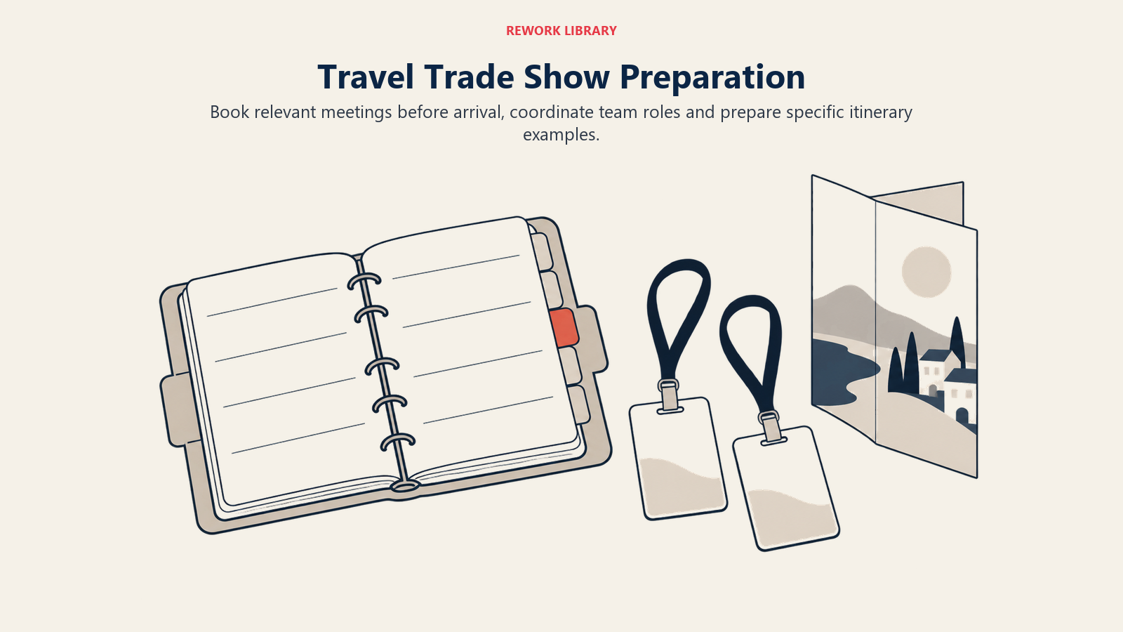 Appointment diary, staff badges and itinerary brochure prepared before a travel trade show.
