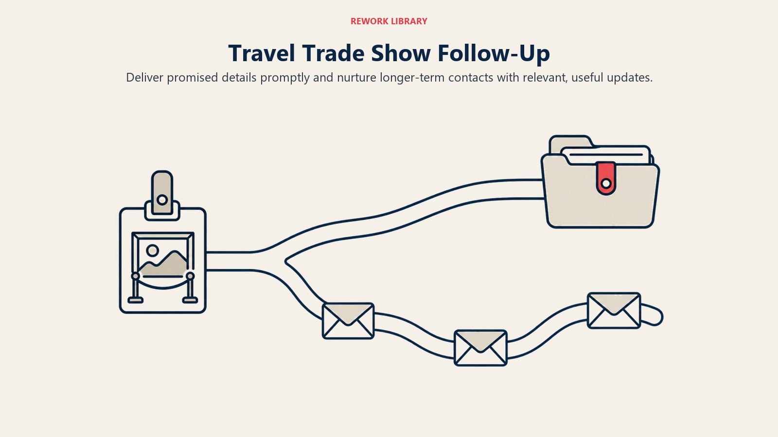 Trade show follow-up separating prompt delivery of promised details from a longer correspondence cadence.