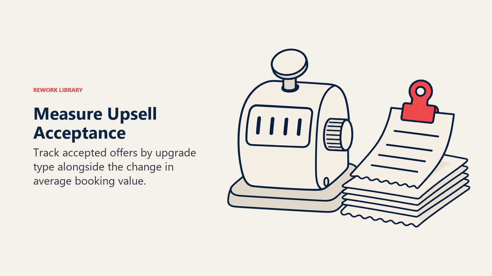 A tally counter beside booking receipts represents measuring accepted upgrade offers and changes in booking value.