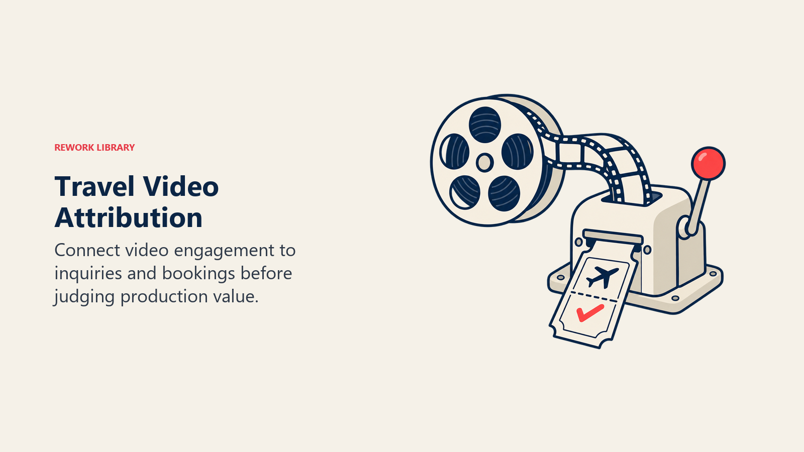 A film reel feeds a booking-ticket machine, illustrating the connection between video engagement and travel bookings.