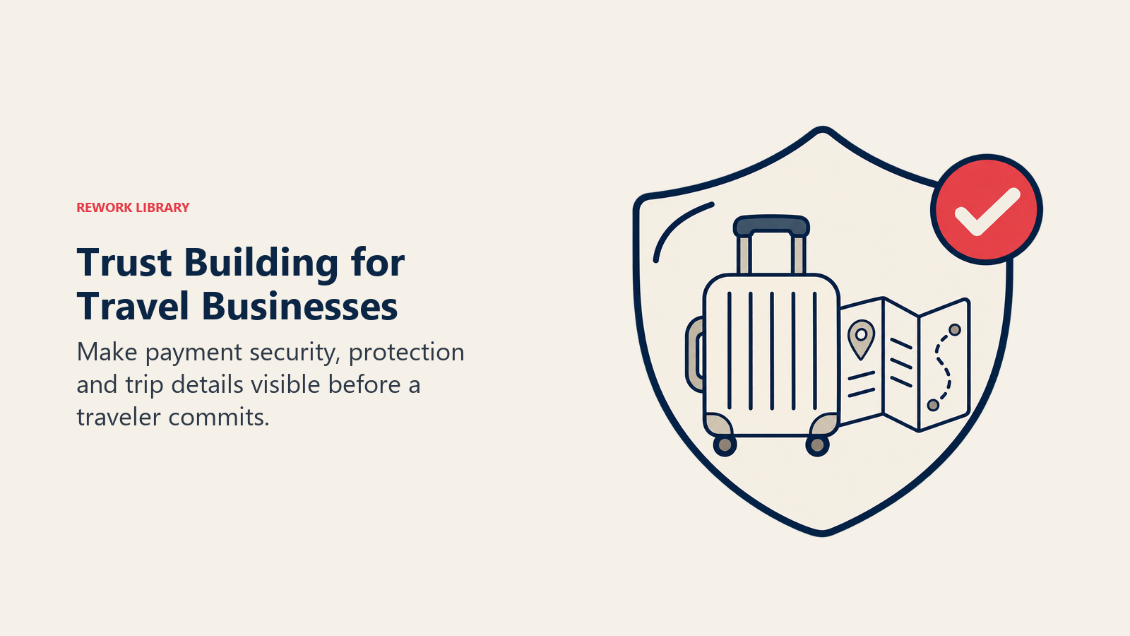 A suitcase and itinerary inside a shield represent visible protection, payment security and trip clarity for travelers.