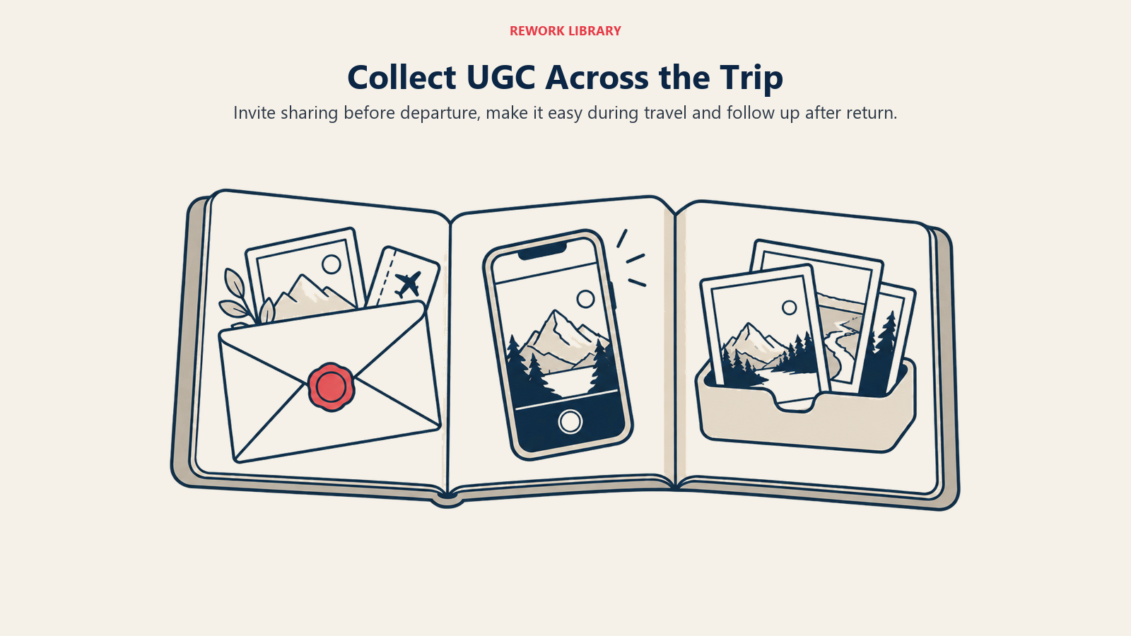 An open trip journal shows a pre-departure invitation, a phone capturing the trip and collected traveler photographs after return.