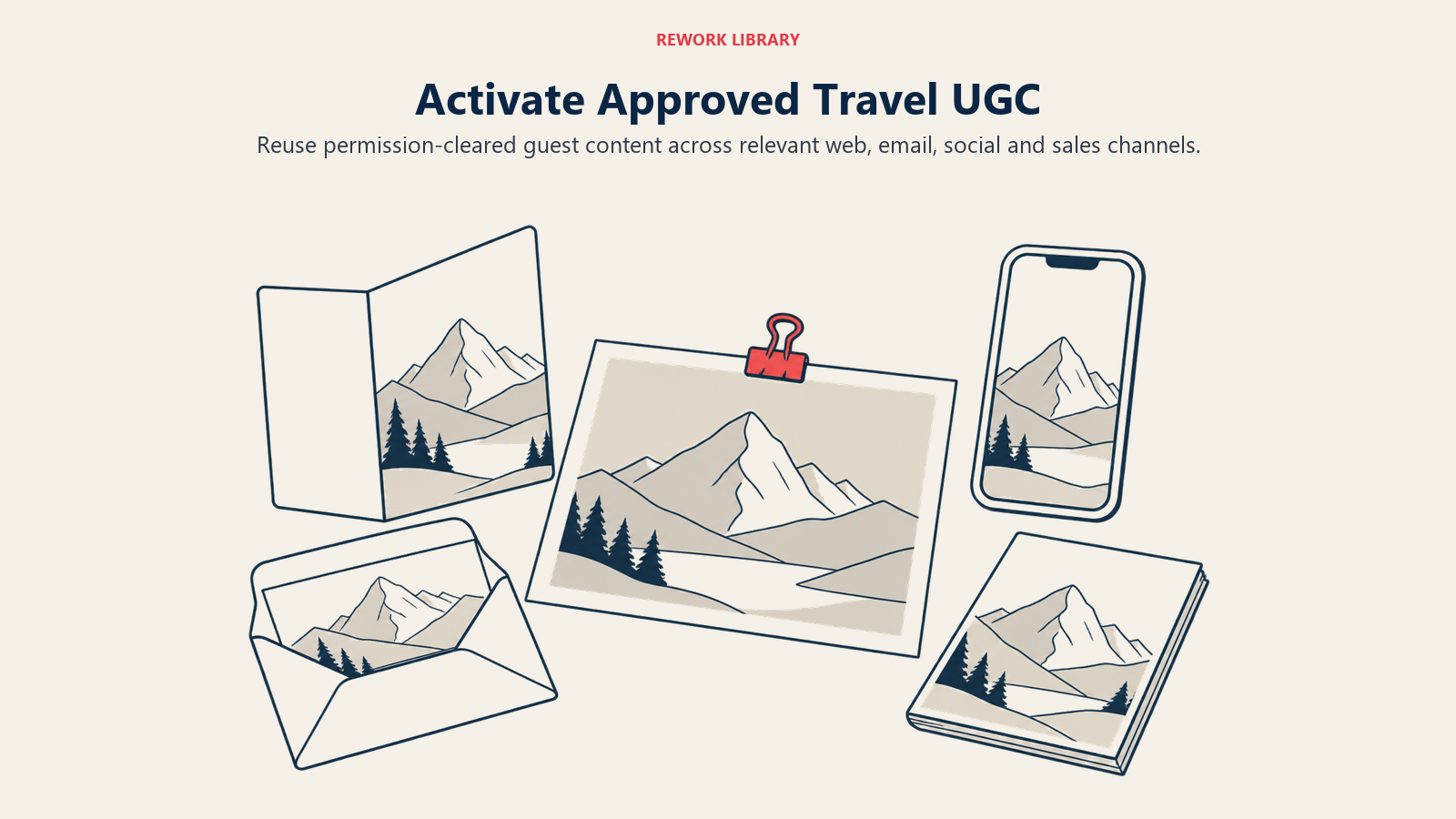 One approved mountain photograph appears in a brochure, email, smartphone and booklet to represent reuse across channels.