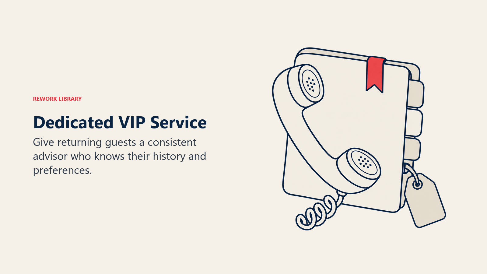 A phone handset rests across a bookmarked contact record to represent a consistent advisor who knows a VIP guest.