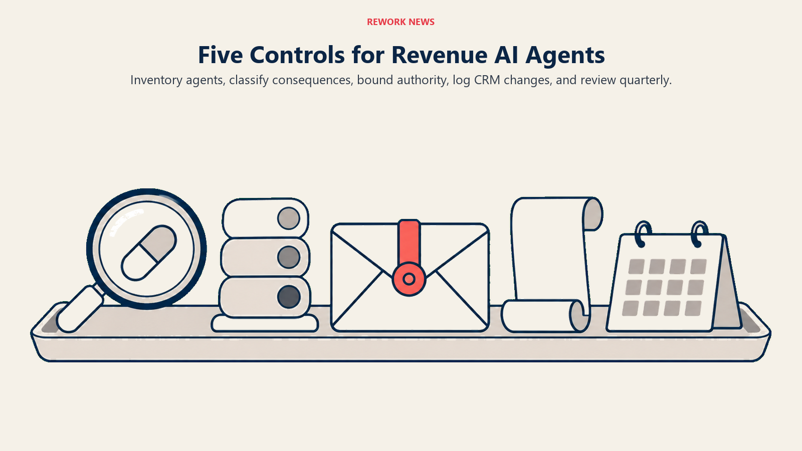 Five Controls for Revenue AI Agents: governance control kit illustrating inventory agents, classify consequences, bound authority, log CRM changes, and review quarterly.