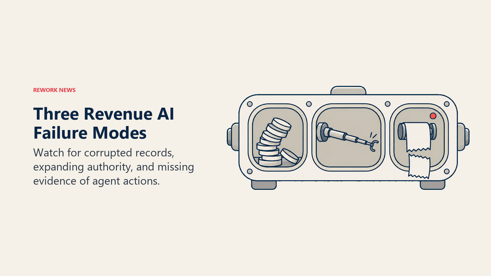 Three Revenue AI Failure Modes: governance warning instrument illustrating watch for corrupted records, expanding authority, and missing evidence of agent actions.