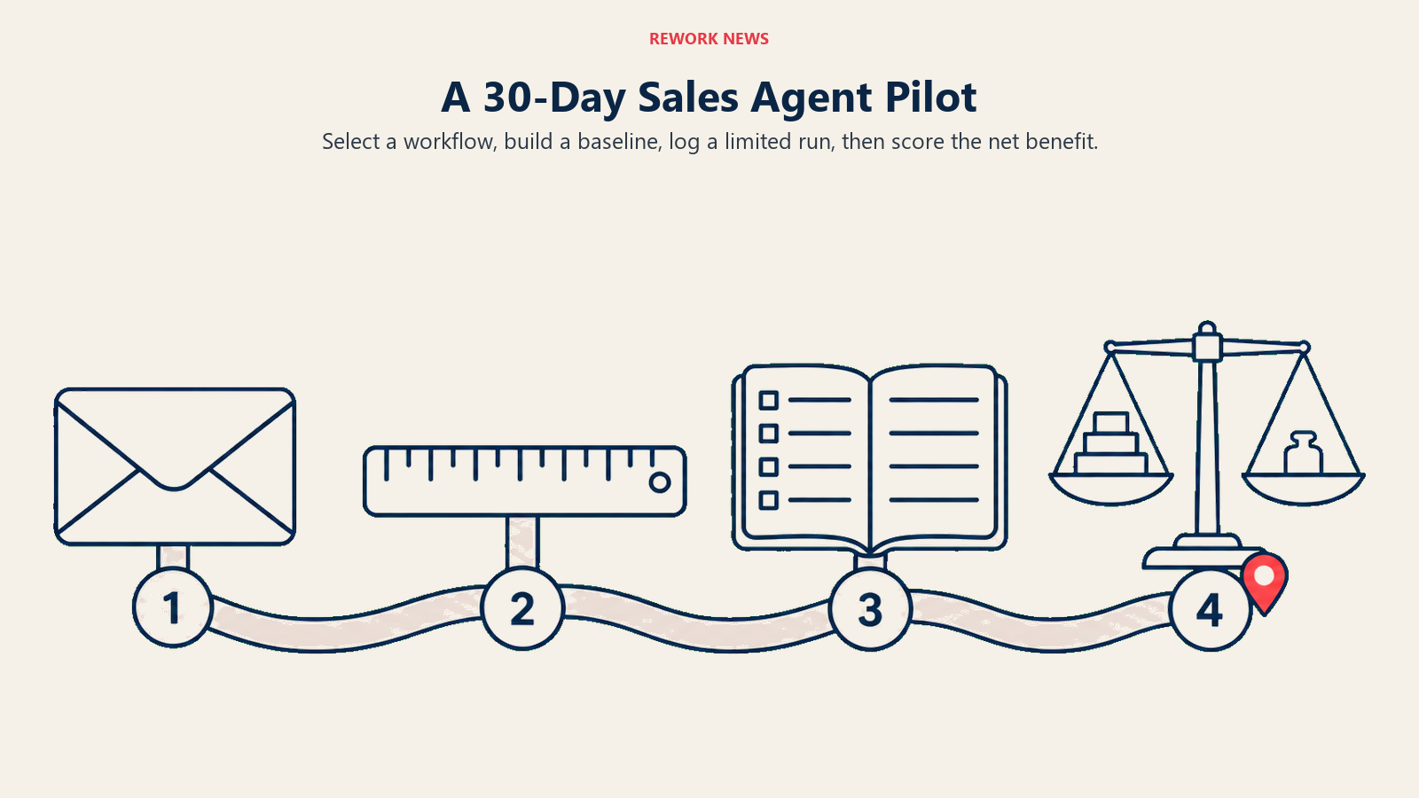 Four stages of a 30-day sales agent pilot: select, baseline, log and score net benefit