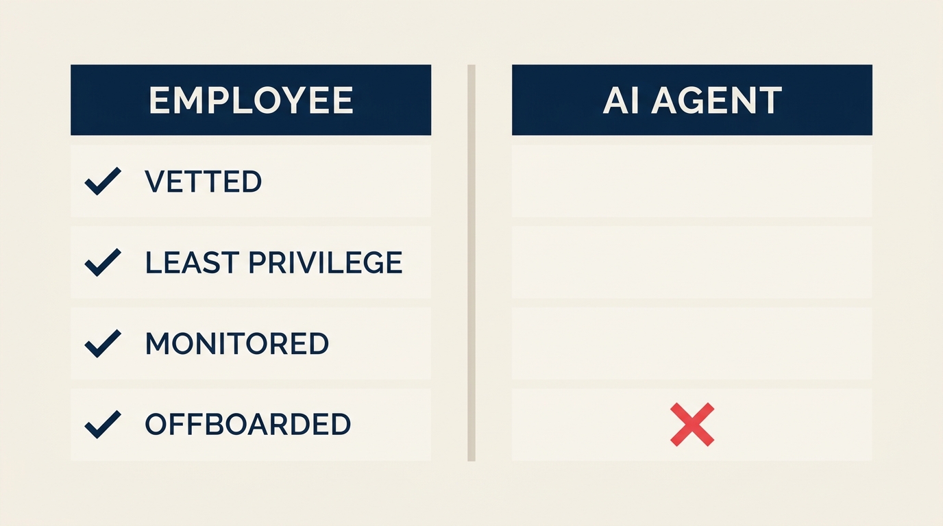 Comparison of how companies secure a human employee versus an AI agent across vetting, least privilege, monitoring, and offboarding
