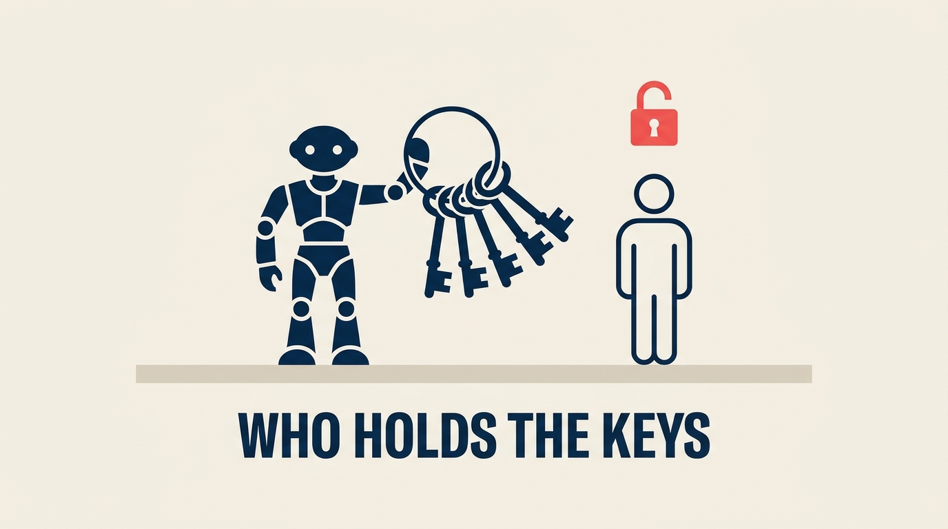AI agent icon holding system access keys next to a smaller human figure, illustrating the AI agent security access gap