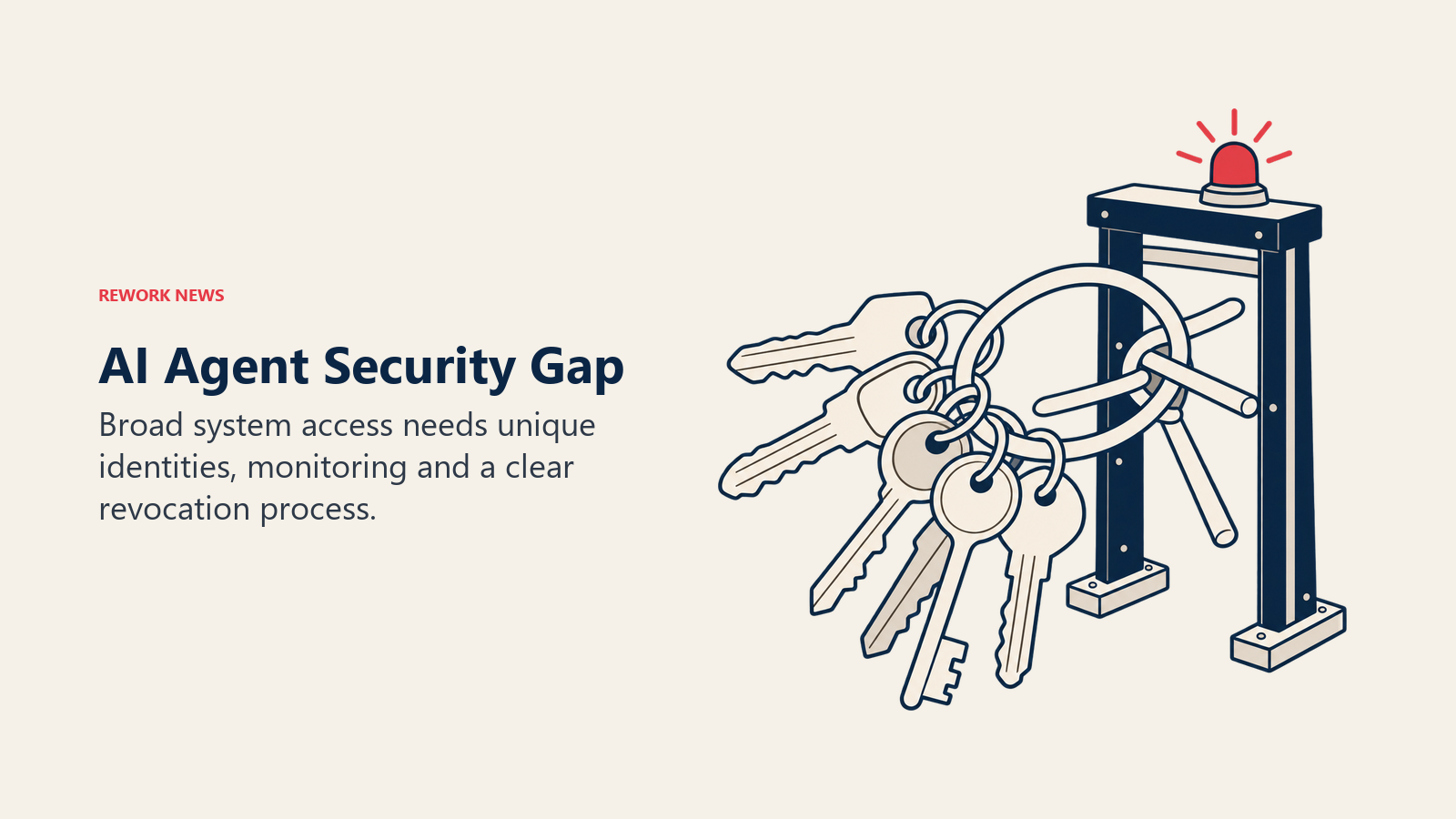 AI Agent Security Gap illustrated by oversized keys passing through a small turnstile