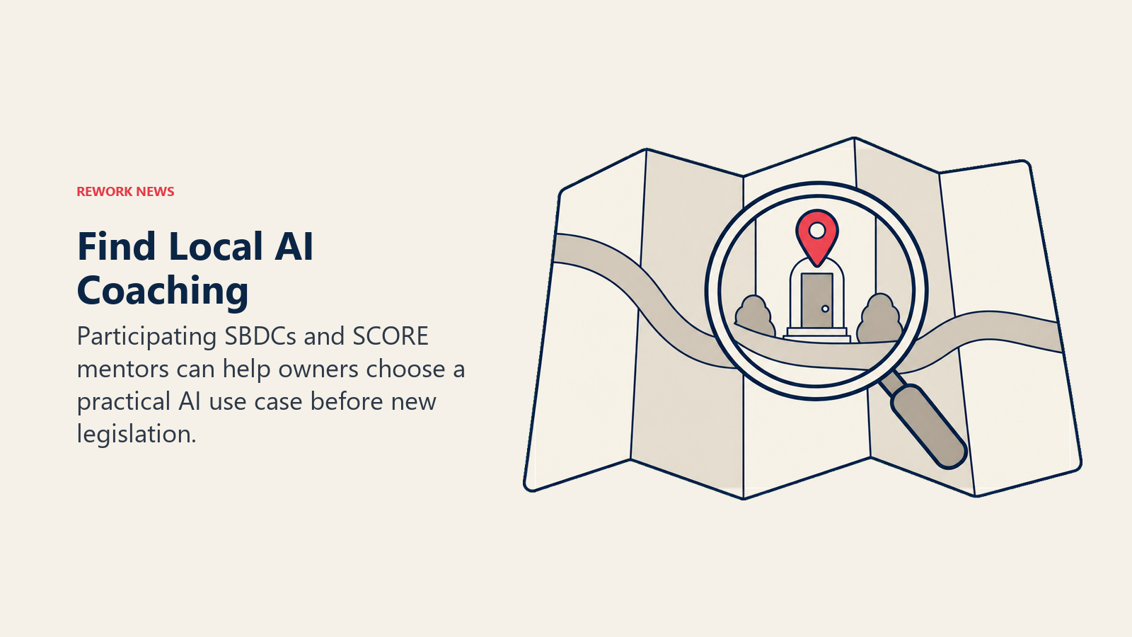 A magnifying lens and location pin identify a local AI coaching doorway on a neighborhood map