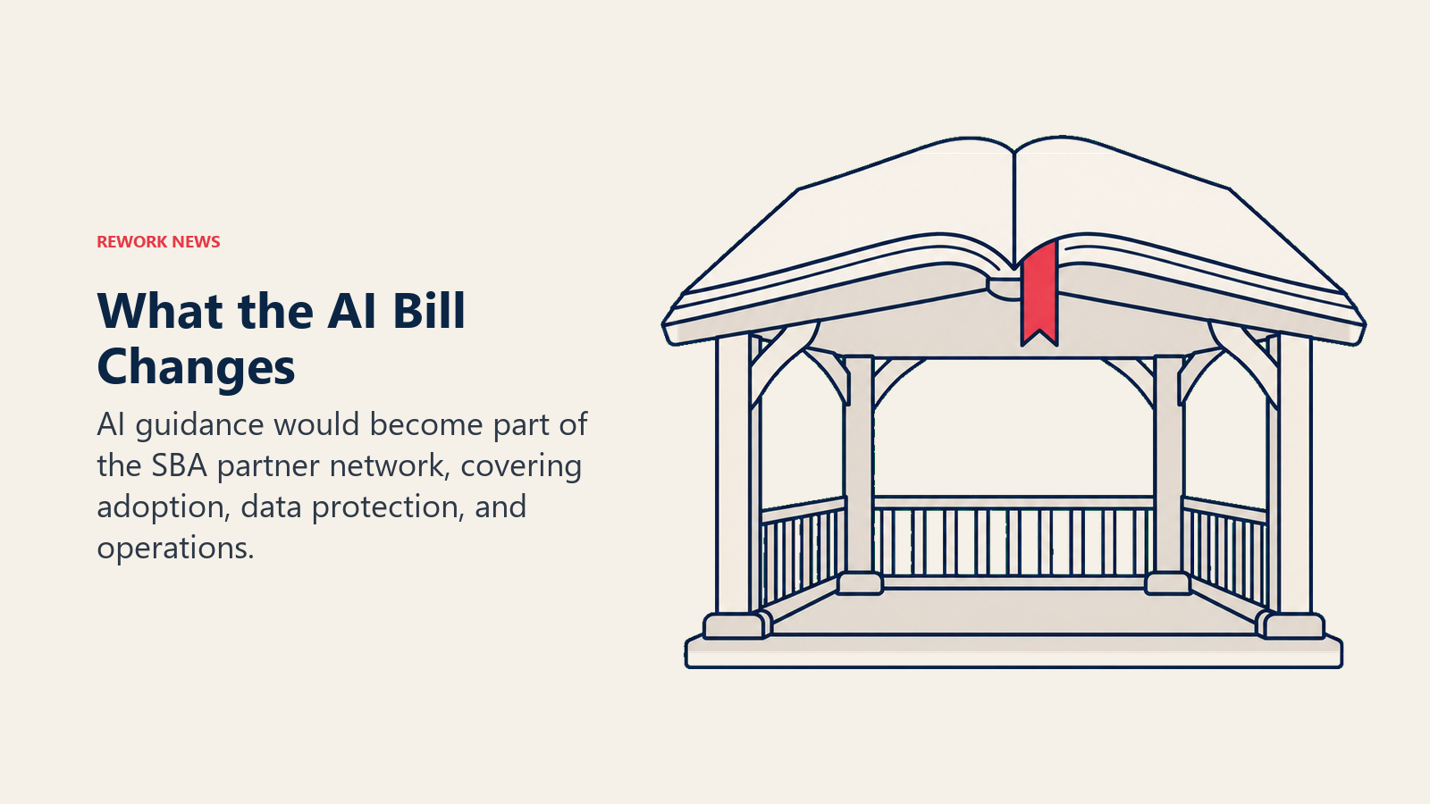 An open handbook forms the roof of an existing support pavilion, representing the SBA AI advisory mandate