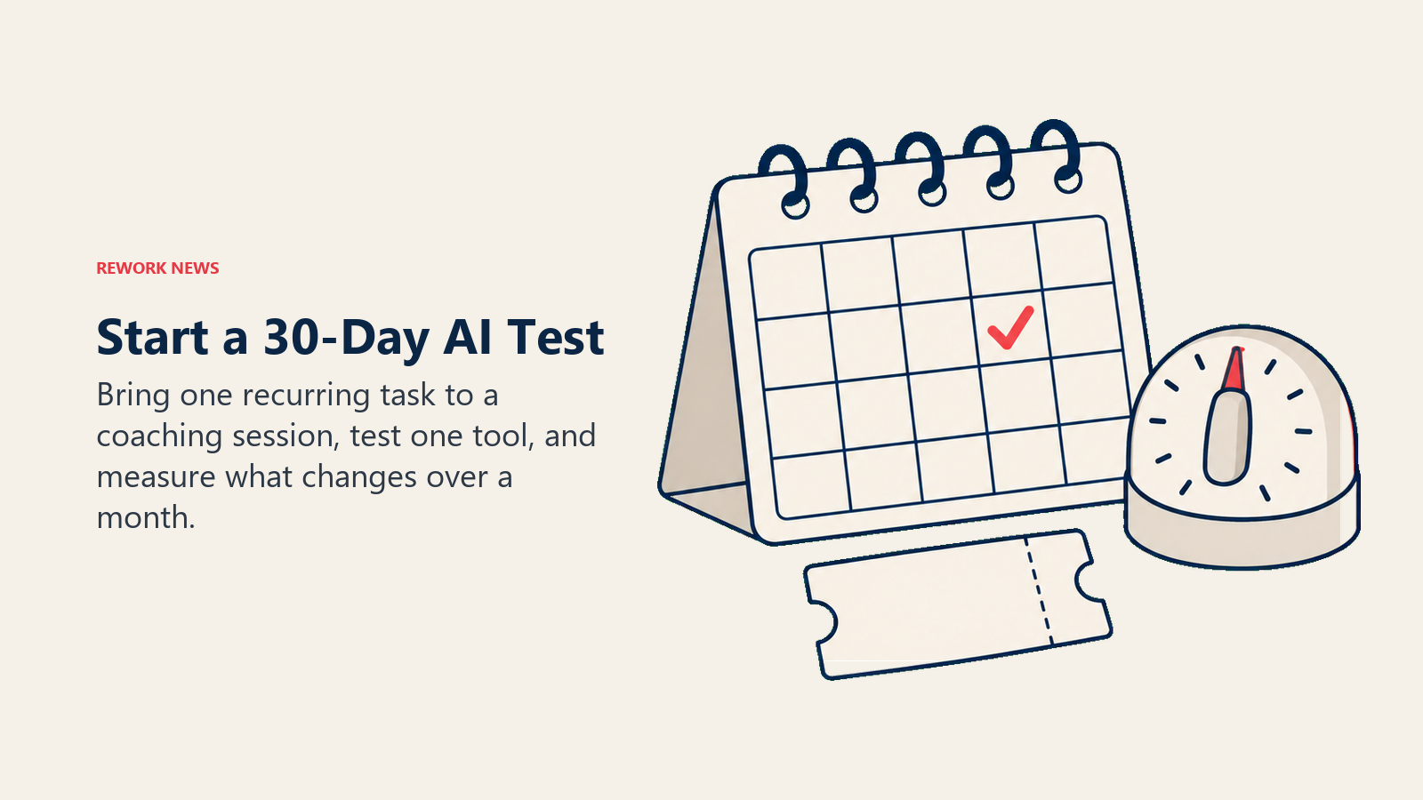 Calendar, timer, and task ticket represent a focused 30-day AI tool experiment
