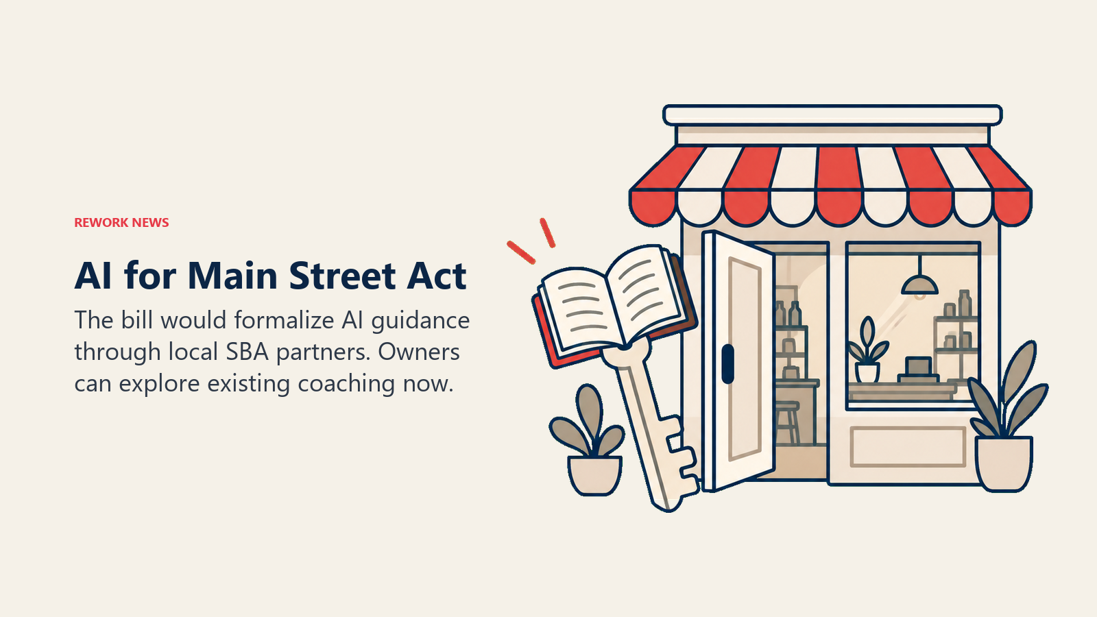 AI for Main Street Act shown as a book-shaped key opening a small-business storefront