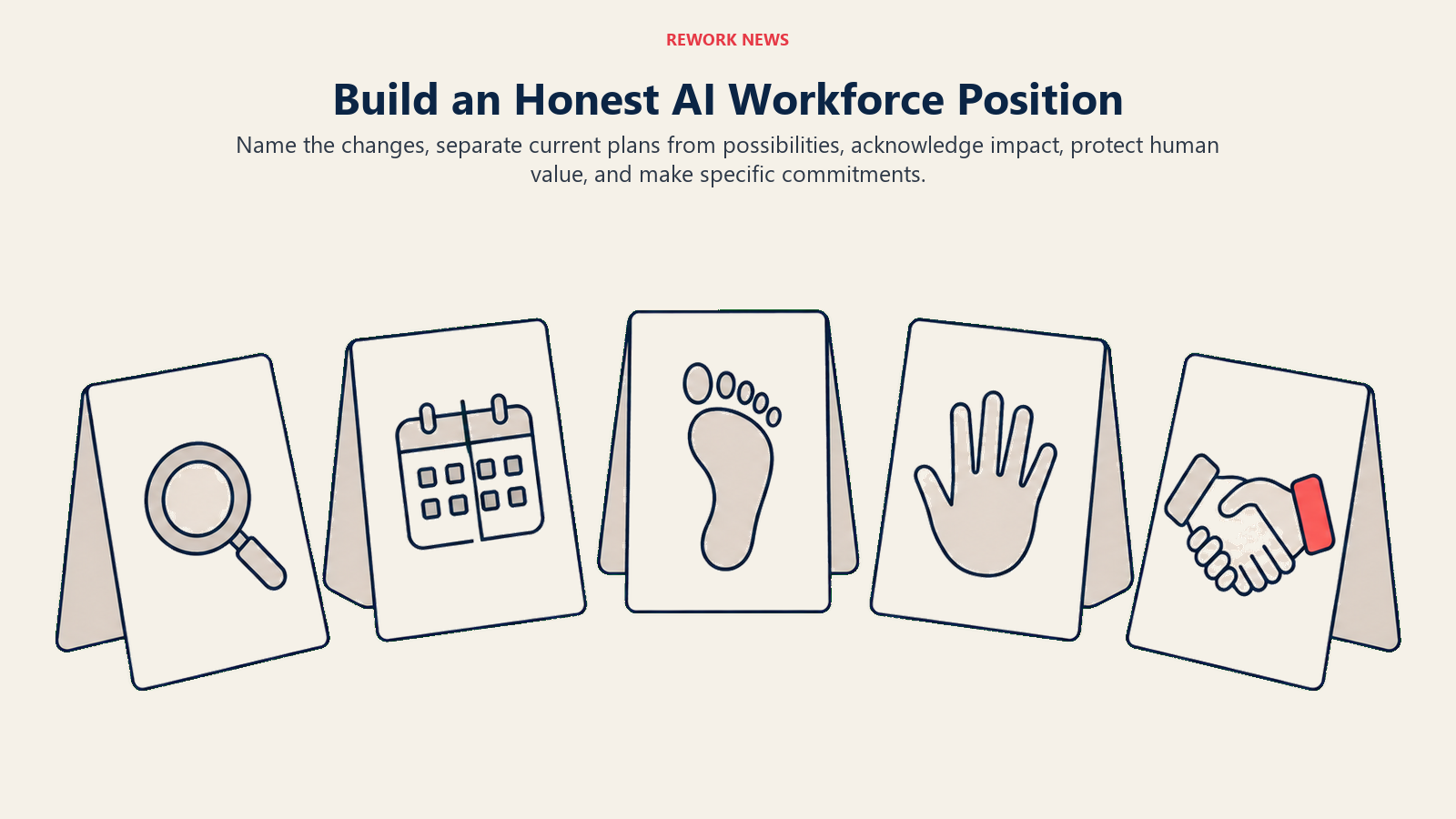 Build an Honest AI Workforce Position: five-part workforce position illustrating name the changes, separate current plans from possibilities, acknowledge impact, protect human value, and make specific commitments.