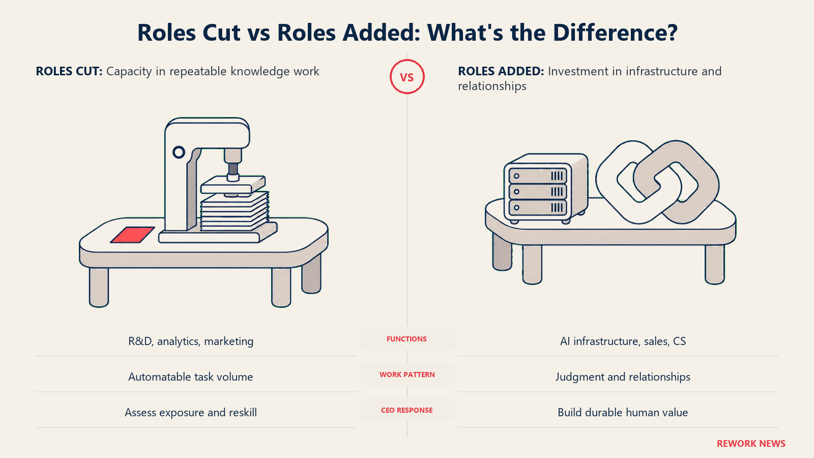 Roles cut versus roles added: matched workbenches contrast automatable task capacity with AI infrastructure and customer relationships