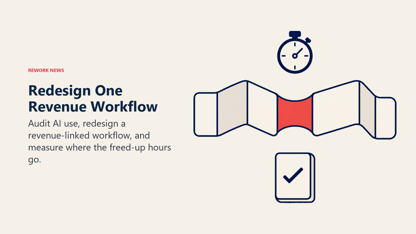 A coral bridge reconnects a workflow ribbon beside a stopwatch and outcome ledger
