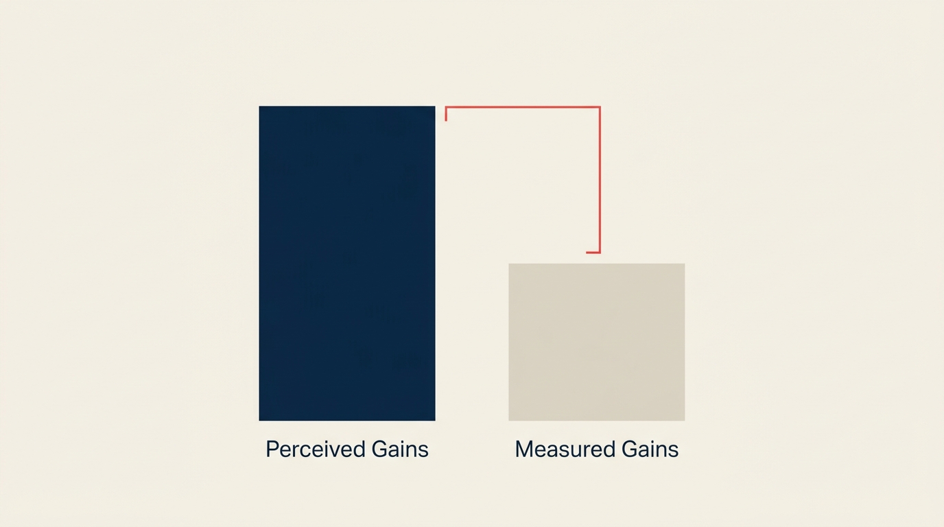 Bar comparison showing perceived AI productivity gains running ahead of measured gains