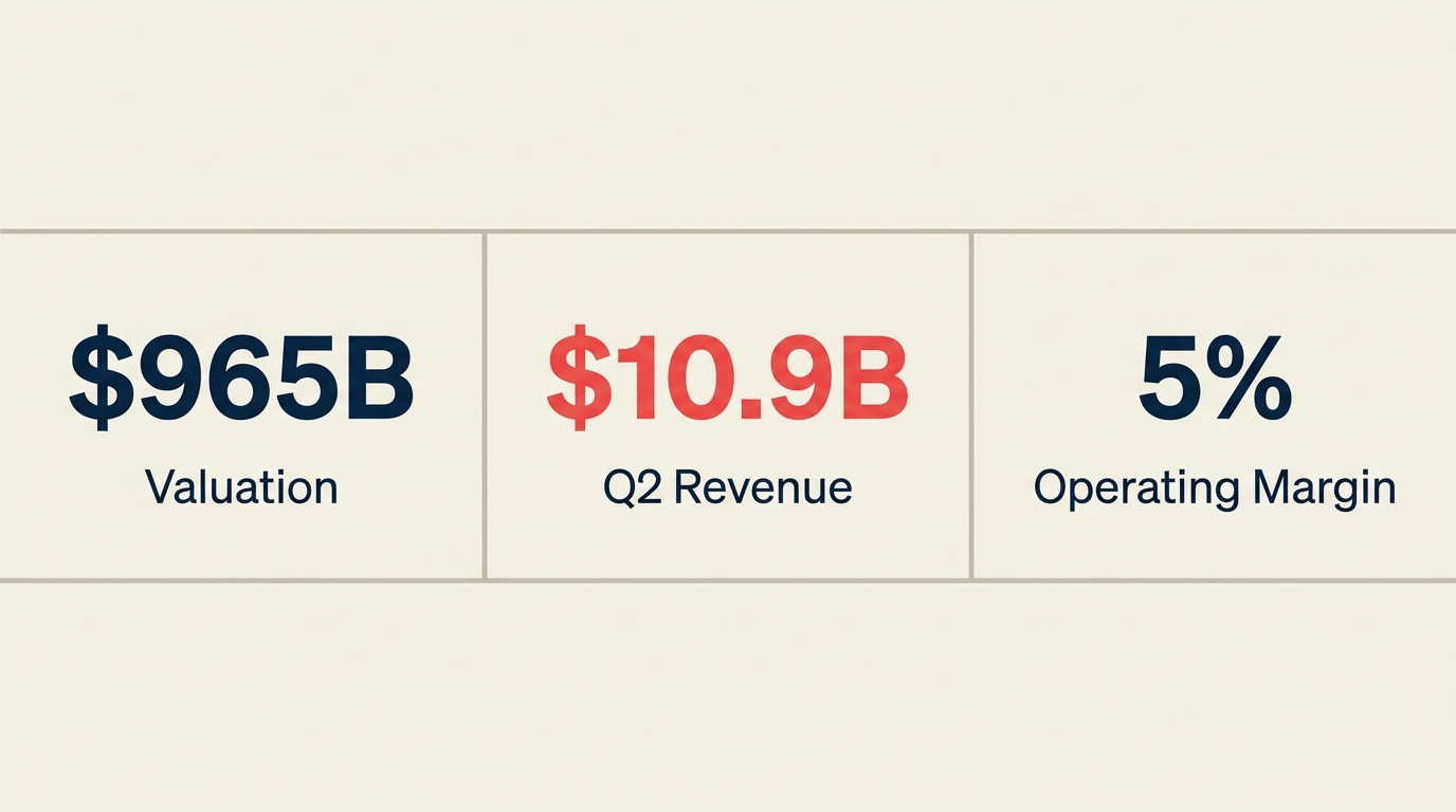Anthropic revenue and valuation snapshot: $965B value, projected $10.9B Q2 revenue, first profitable quarter