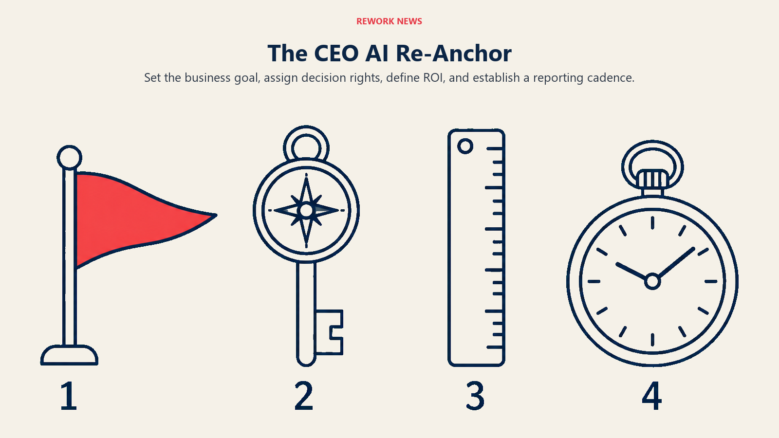 Four CEO AI re-anchor priorities represented by a goal flag, decision key, measurement ruler, and reporting clock