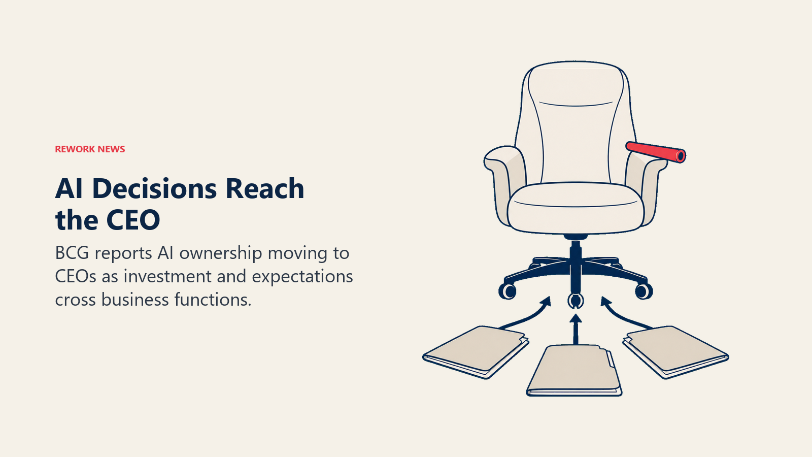 Cross-functional AI decisions converging on a CEO chair holding a decision baton