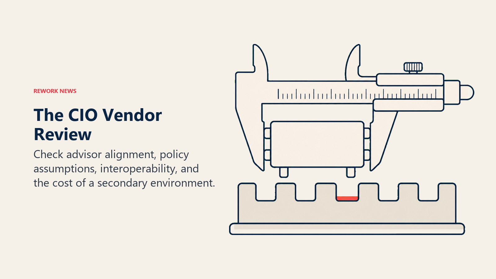CIO vendor review represented by a caliper checking a module against five evaluation notches
