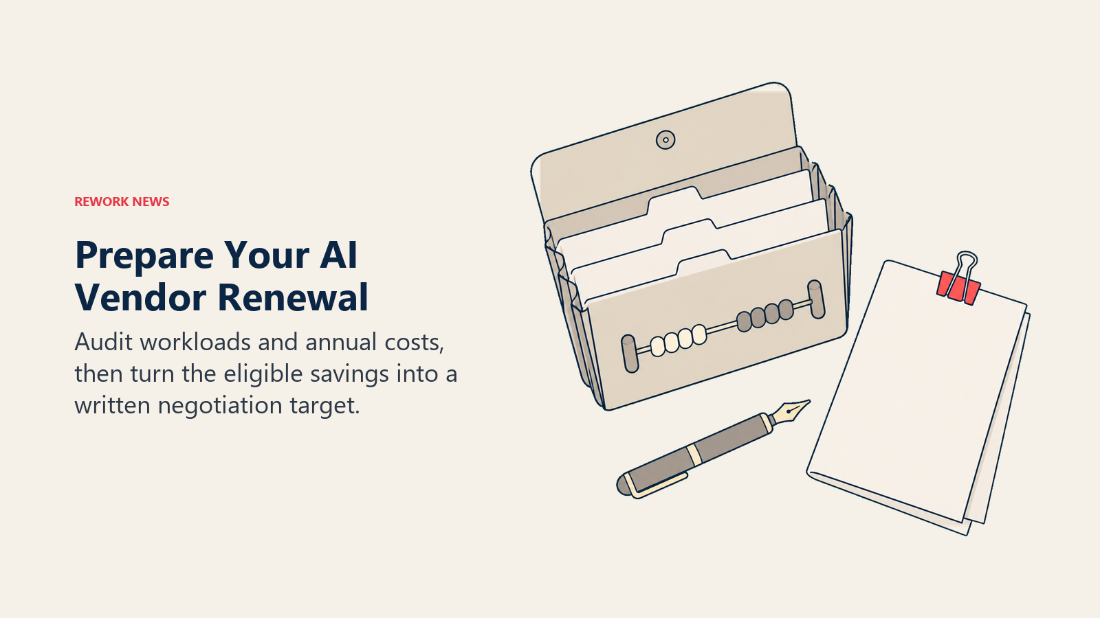 Prepare Your AI Vendor Renewal: renewal evidence folder illustrating audit workloads and annual costs, then turn the eligible savings into a written negotiation target.
