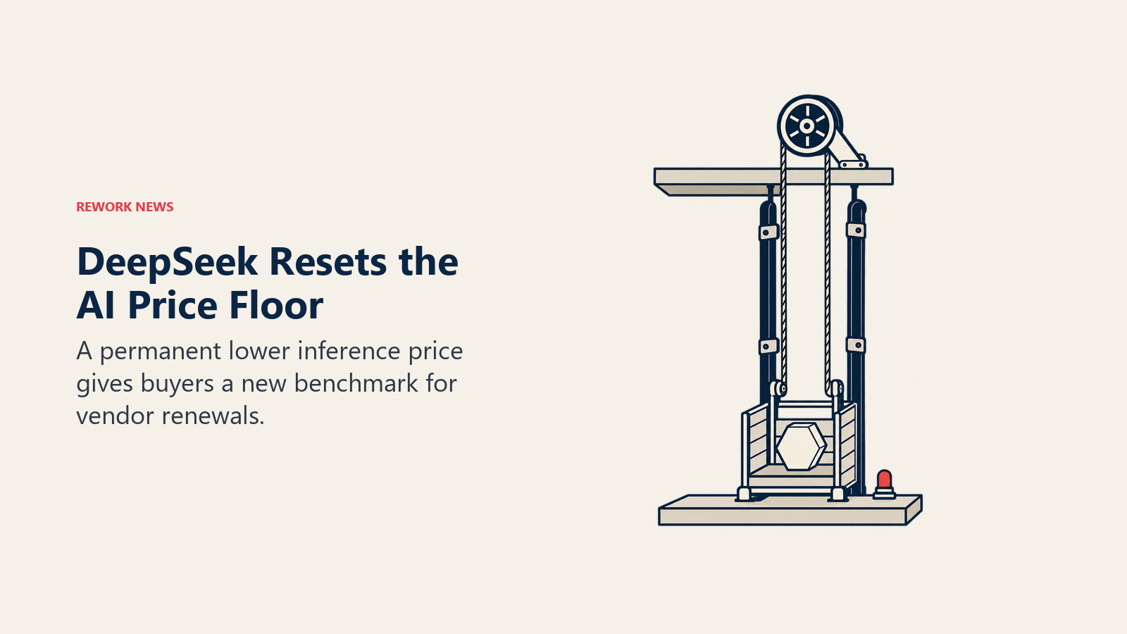 DeepSeek Resets the AI Price Floor: price floor elevator illustrating a permanent lower inference price gives buyers a new benchmark for vendor renewals.