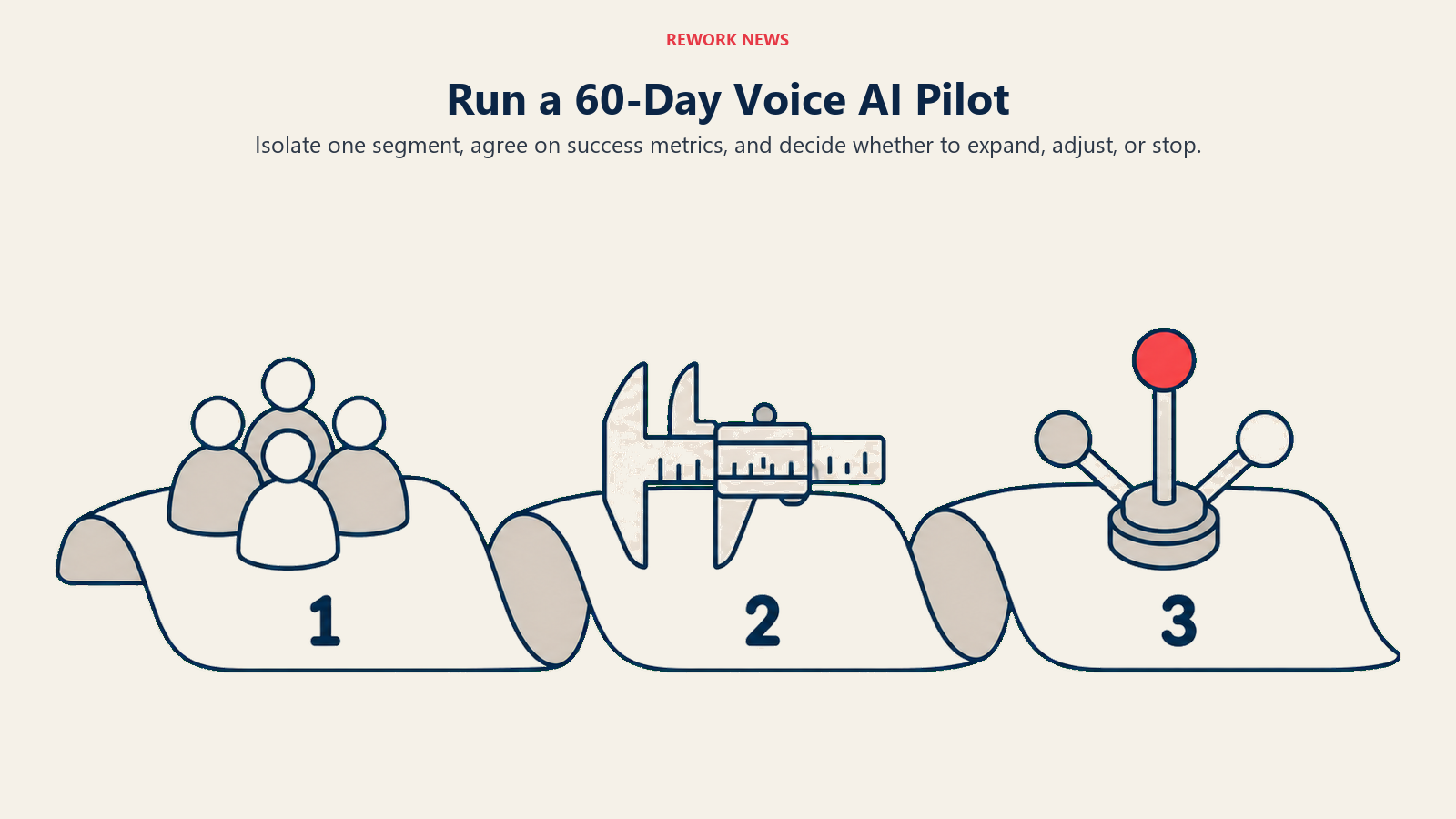 Run a 60-Day Voice AI Pilot: bounded pilot timeline illustrating isolate one segment, agree on success metrics, and decide whether to expand, adjust, or stop.