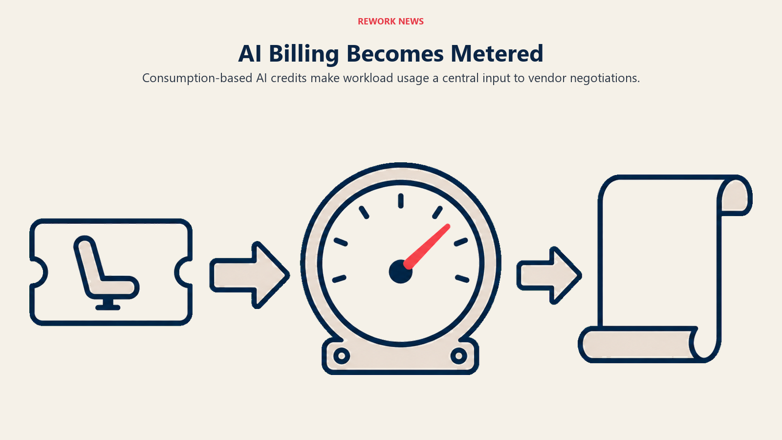 A seat pass transitions to a usage meter and an invoice in consumption-based AI billing