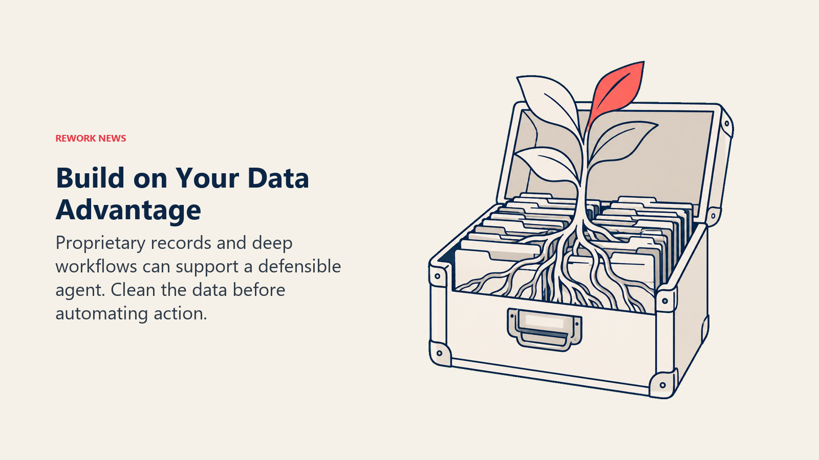 Roots grow through an archive of proprietary records, representing a defensible data and workflow advantage
