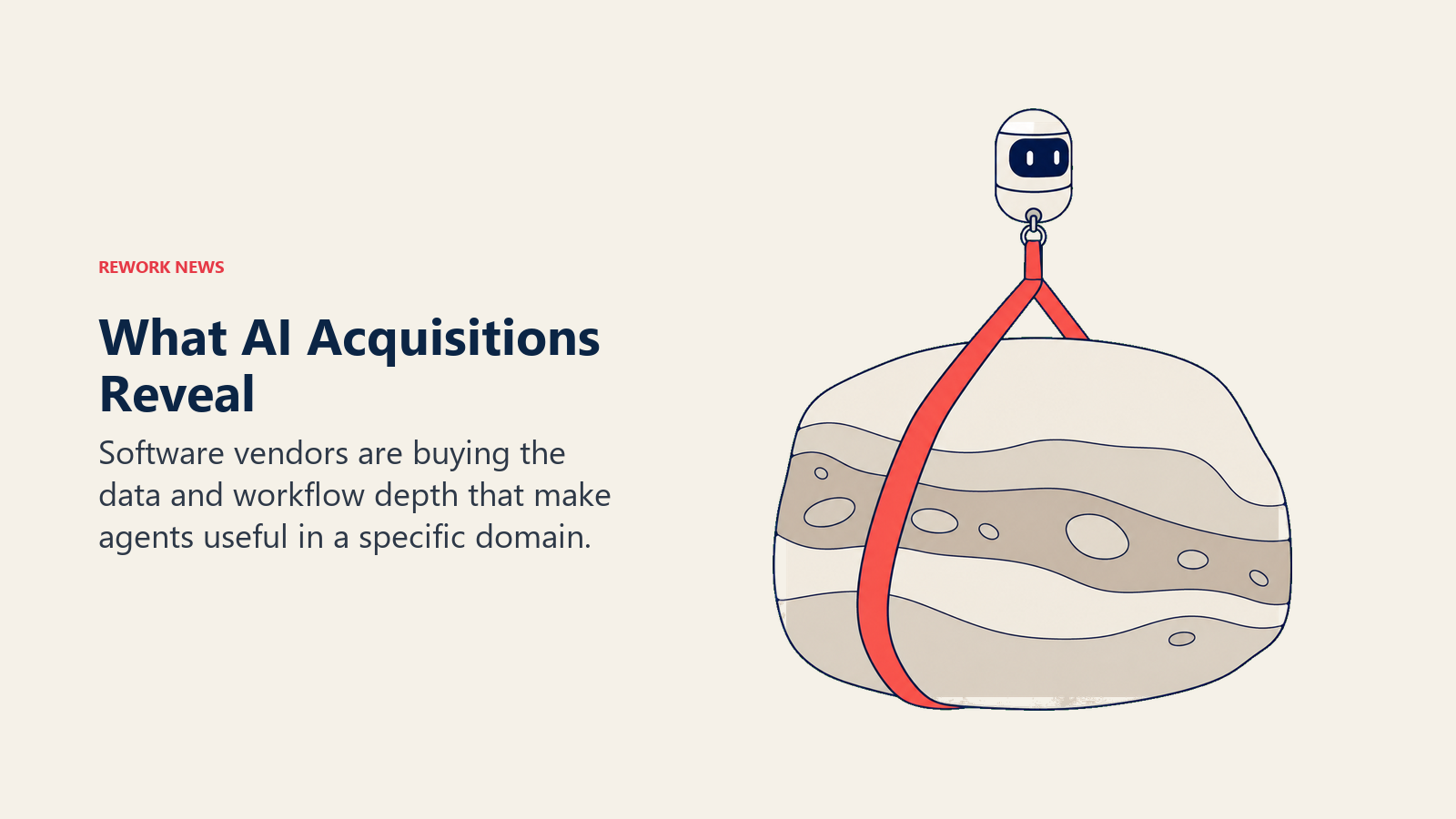 An agent capsule lifts a substantial data foundation, illustrating the assets sought in AI acquisitions