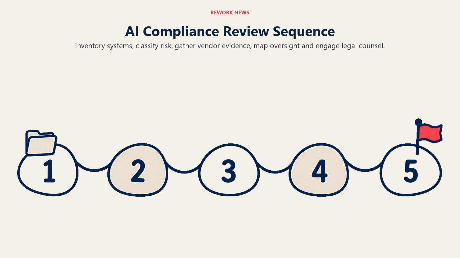 Five numbered stages trace the AI compliance review from inventory to legal assessment