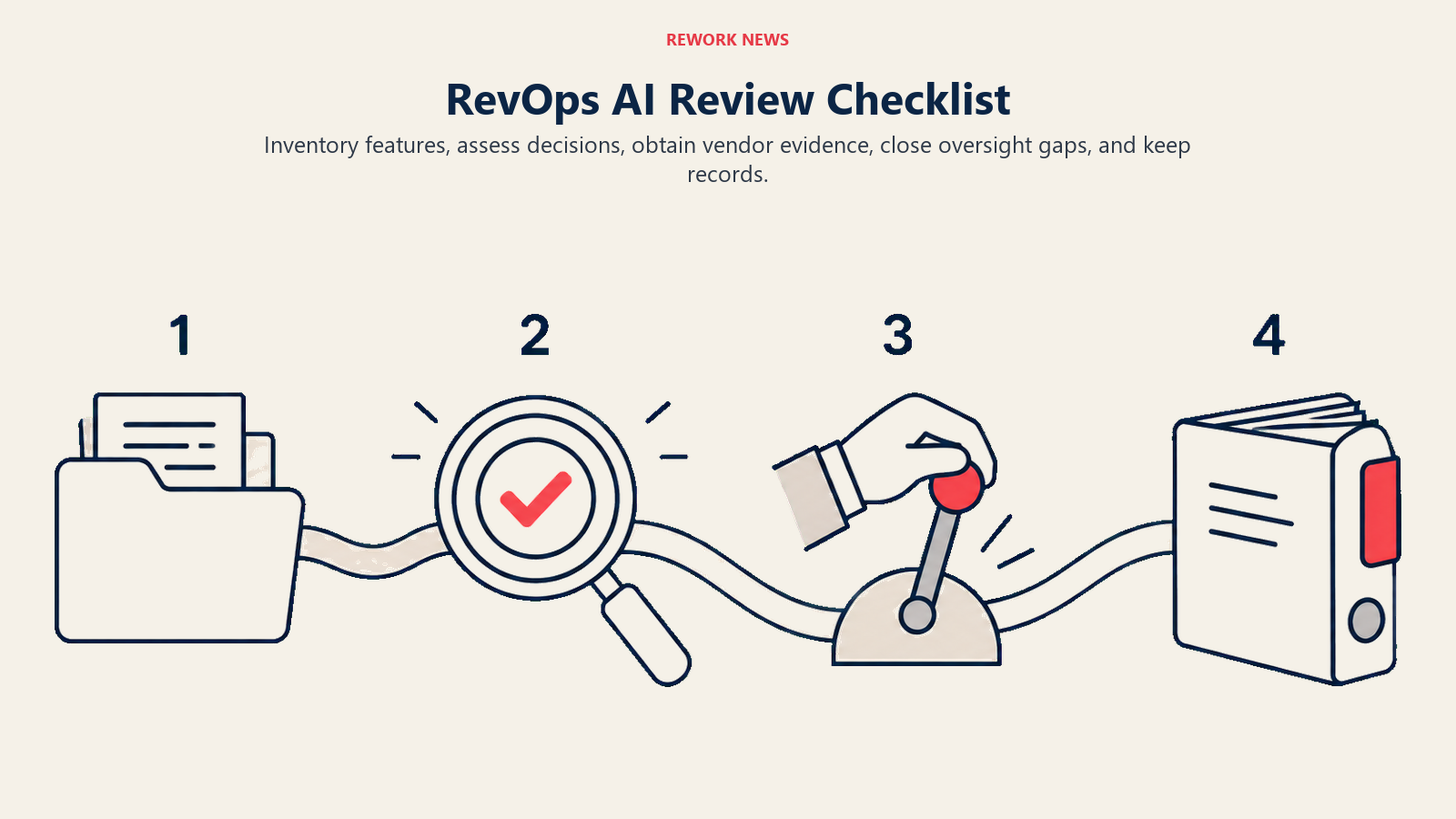 RevOps AI review sequence: inventory, assessment, human oversight, and evidence records