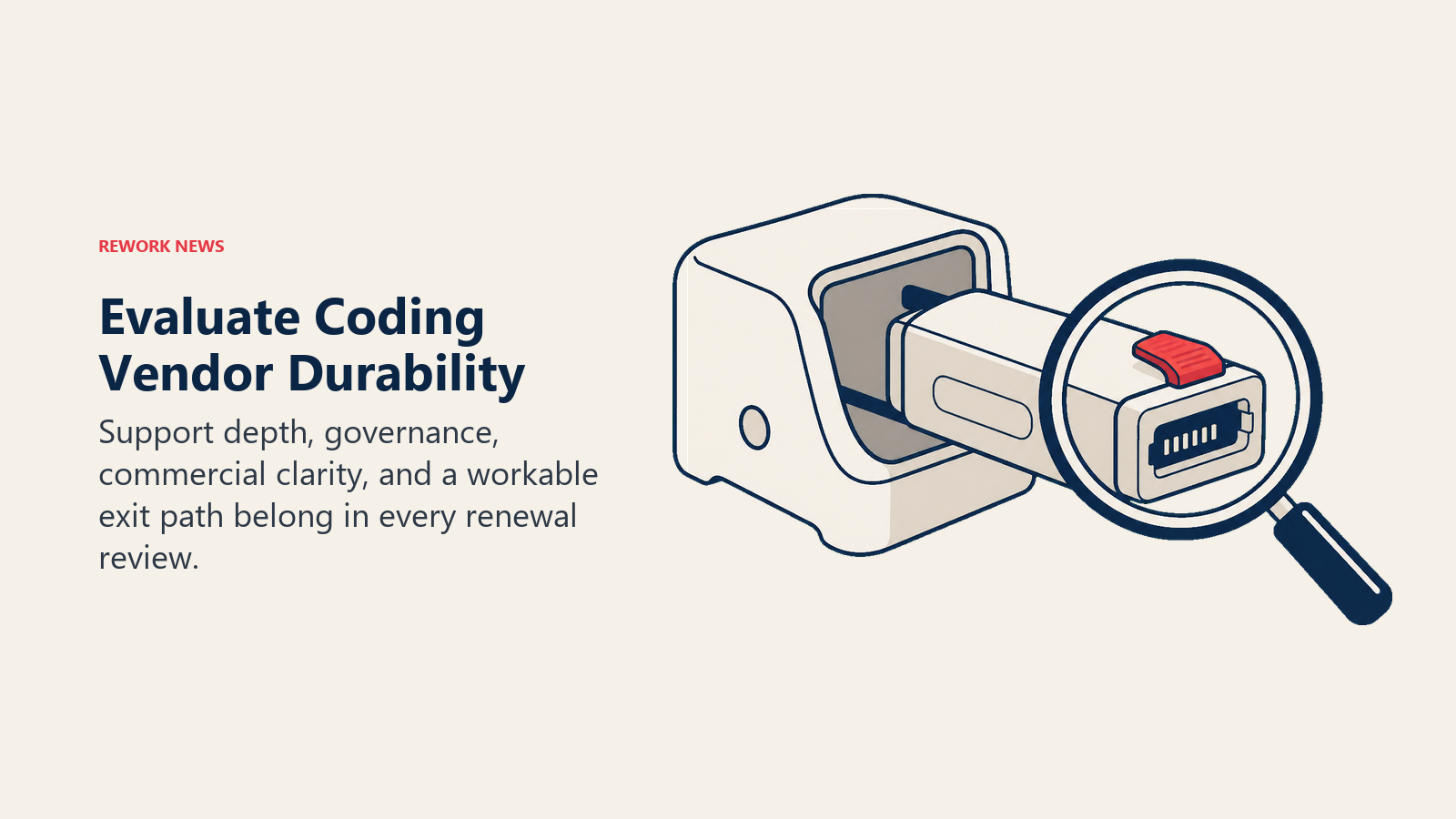 A detachable coding-tool cartridge under inspection illustrates vendor durability and exit readiness