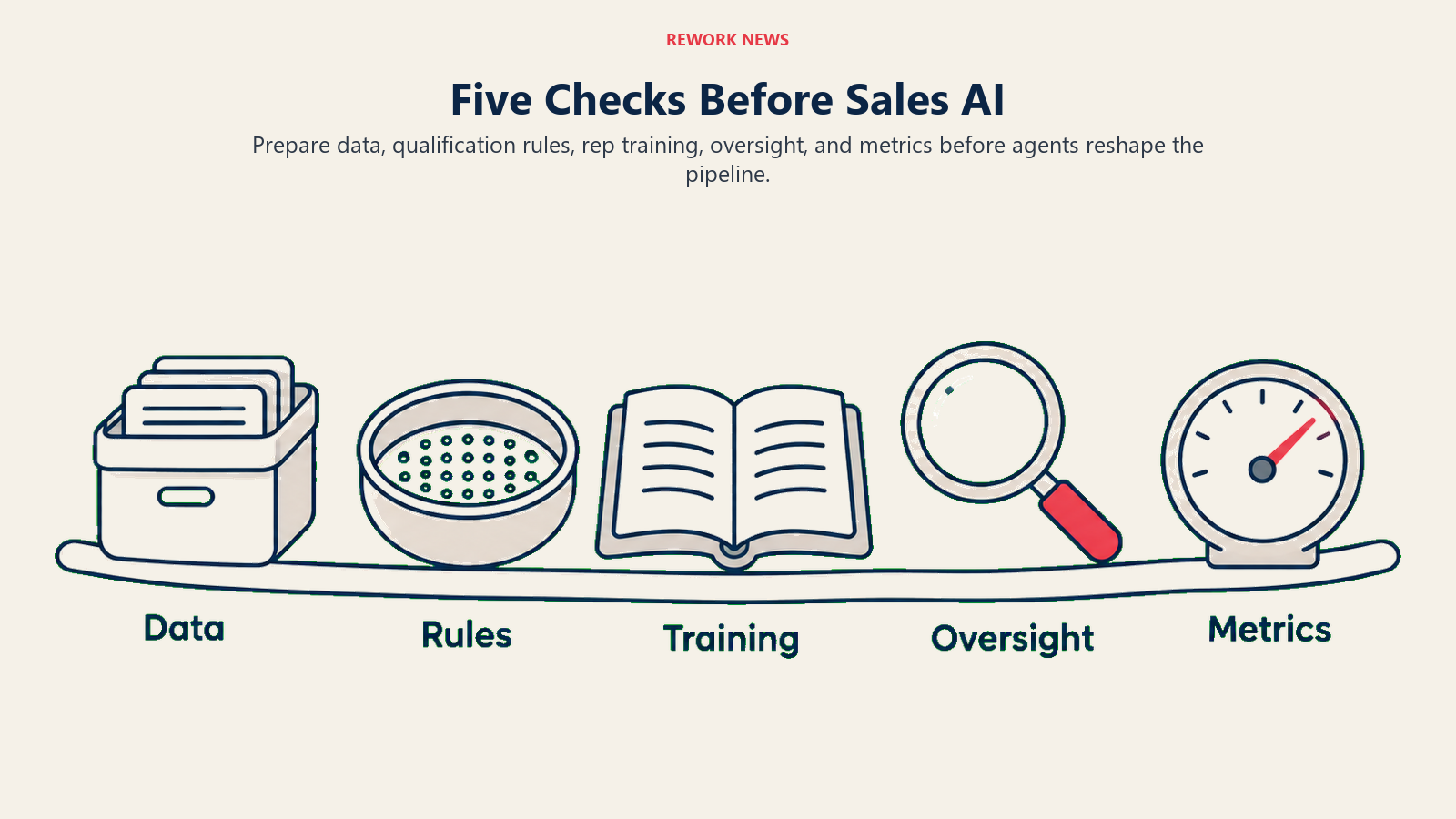 Five sales AI readiness checks labeled Data, Rules, Training, Oversight, and Metrics