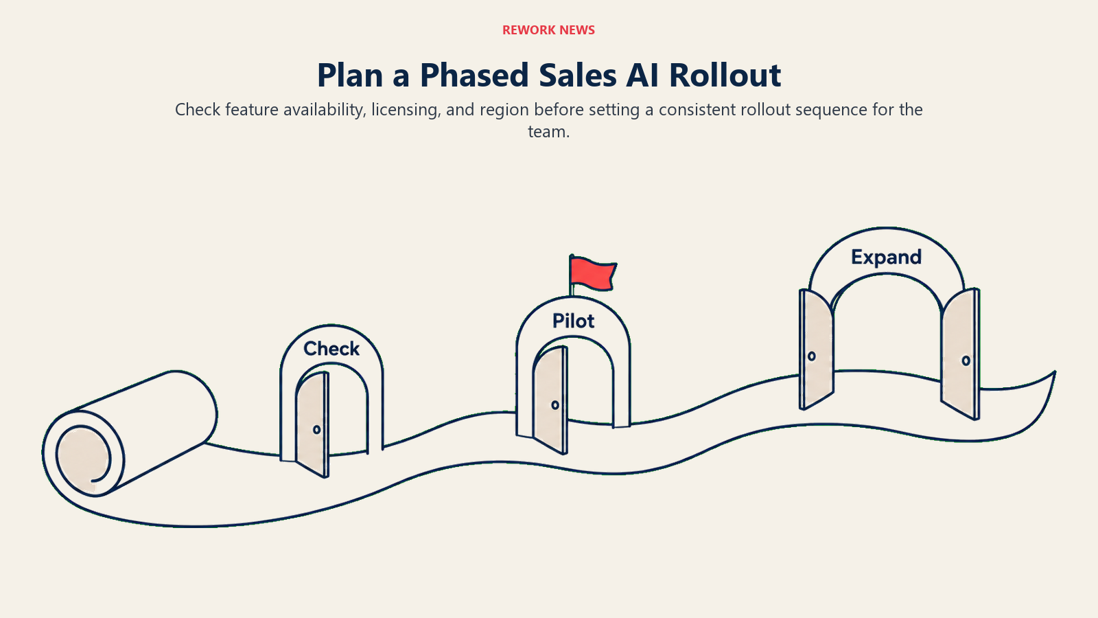 A phased sales AI rollout follows Check, Pilot, and Expand gates along an unrolling timeline