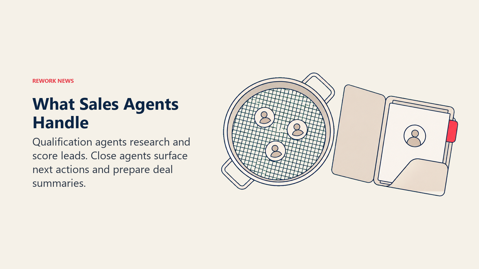 A lead-selection sieve and active-deal folder represent sales qualification and close-agent work