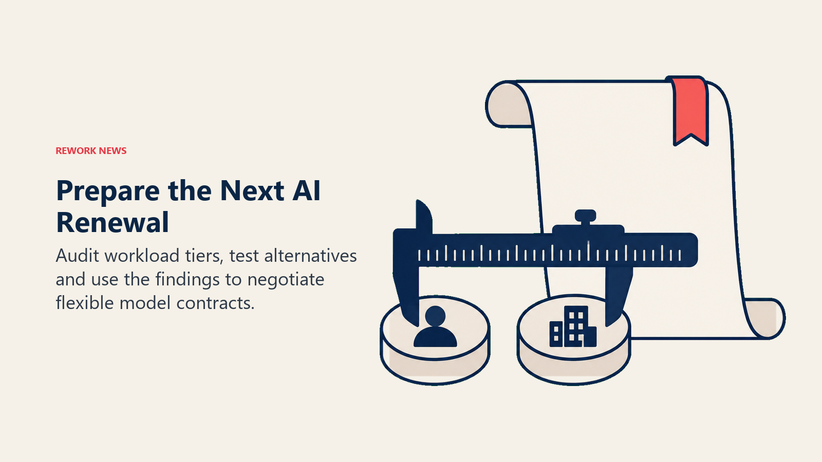 A measuring caliper evaluates supplier tokens beside a renewal contract