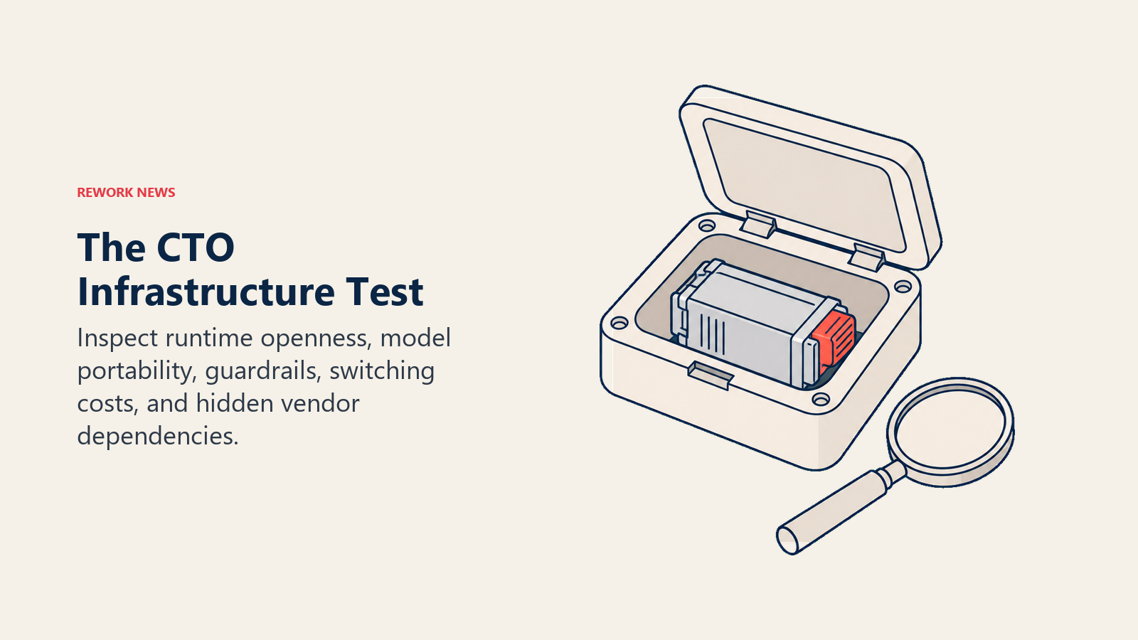 An open runtime service hatch and magnifying glass illustrate the CTO infrastructure inspection test