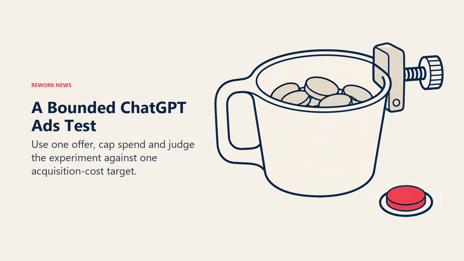 Campaign tokens held in a clamped measuring cup represent capped spend and one acquisition target
