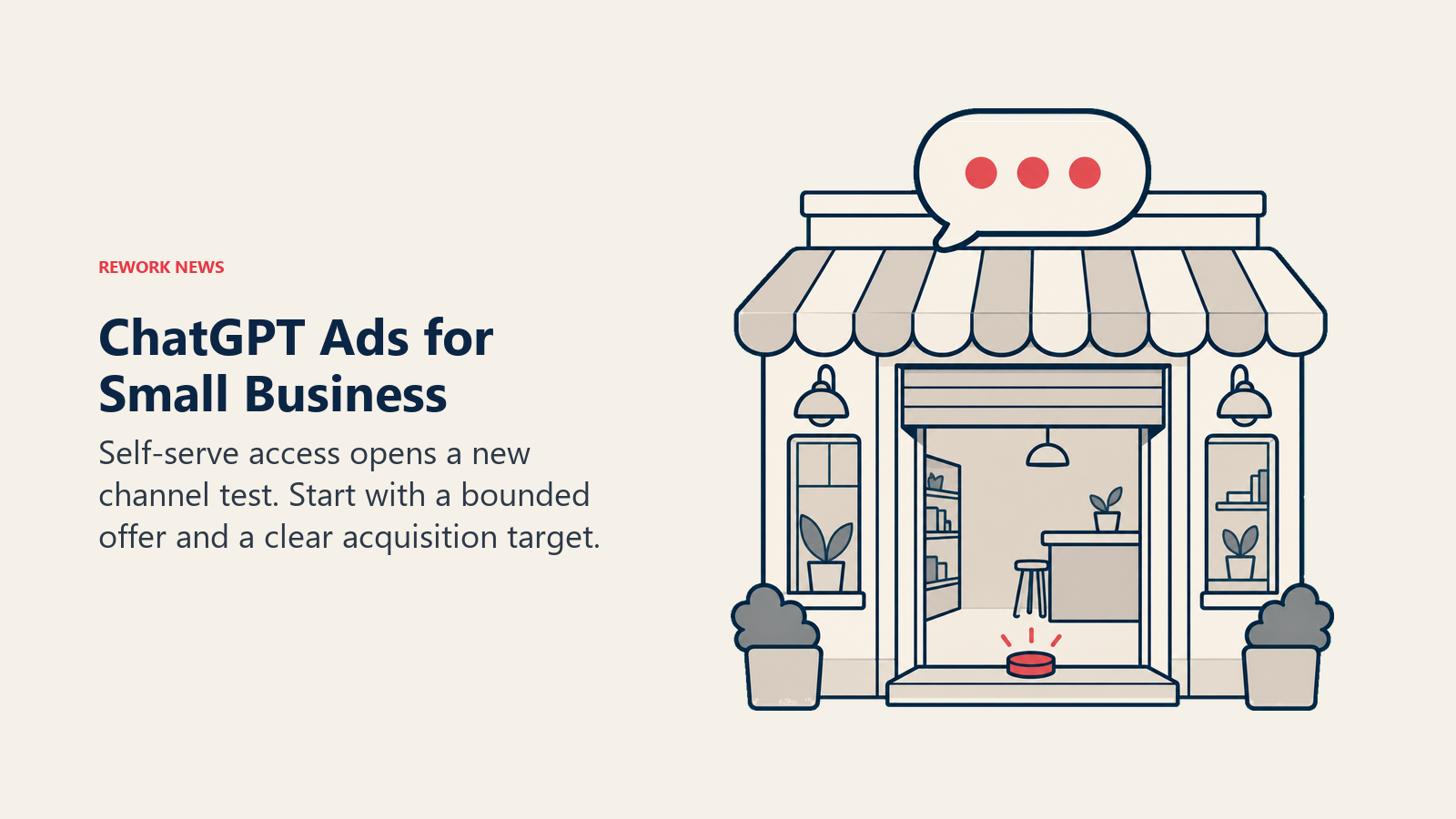 An open storefront with a conversation sign and budget token represents small-business ChatGPT ad access